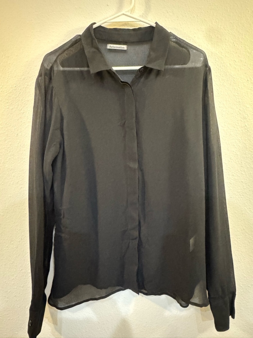 Reformation Black Sheer Collared Button-Up Top